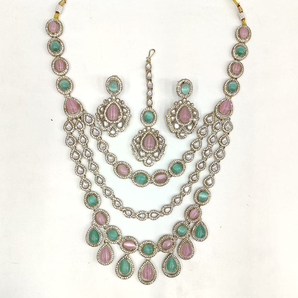 Layered Pota Stone Necklace in Rose Gold Plated | Bridal Jewellery India