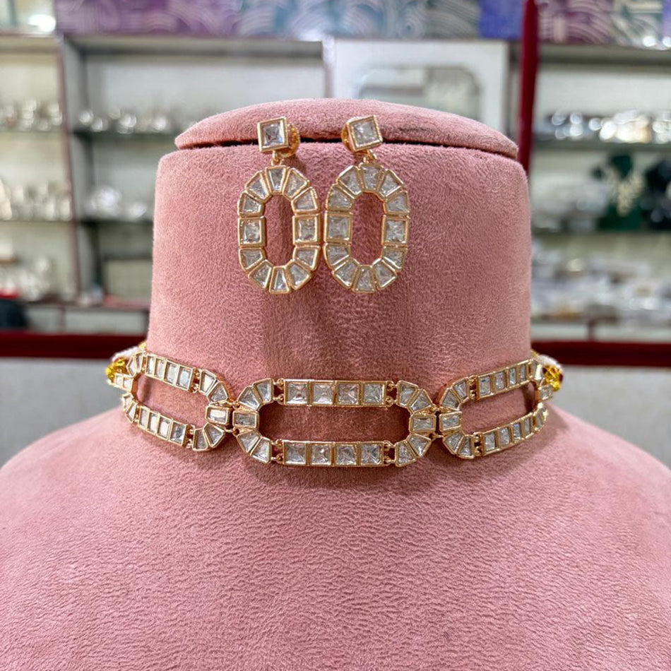 Kundan Choker Necklace in 14K White Gold Plated | Bridal Jewellery India