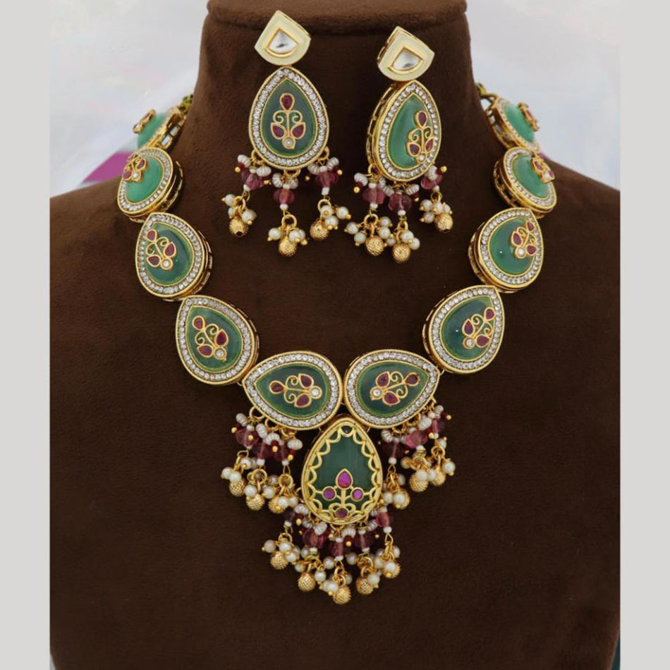 Rose Gold Plated Pota Stone Necklace Set | Bridal Jewellery India