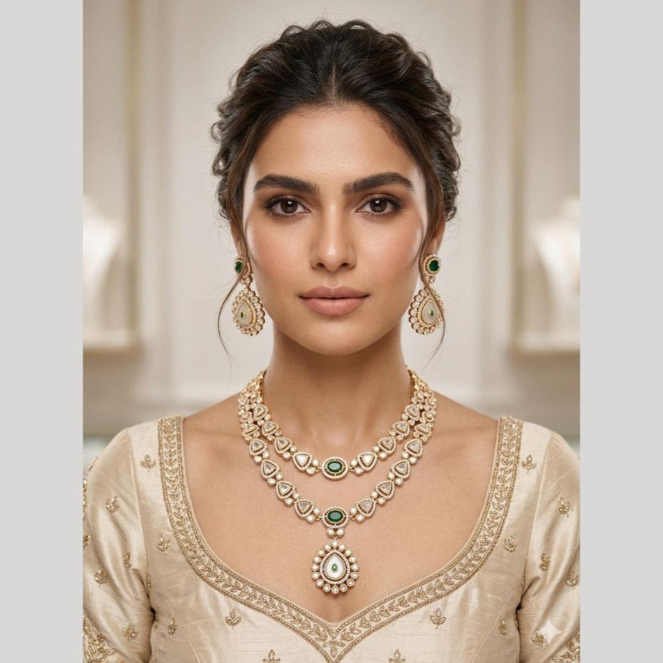 Crystal Stone and Austrian Necklace Set in Silver | Bridal Jewellery India