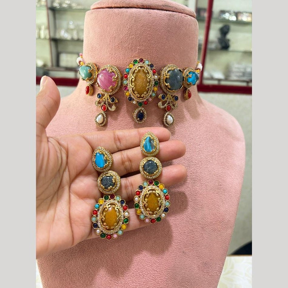 Rose Gold Plated Pota Stone Choker Necklace Set | Bridal Jewellery India