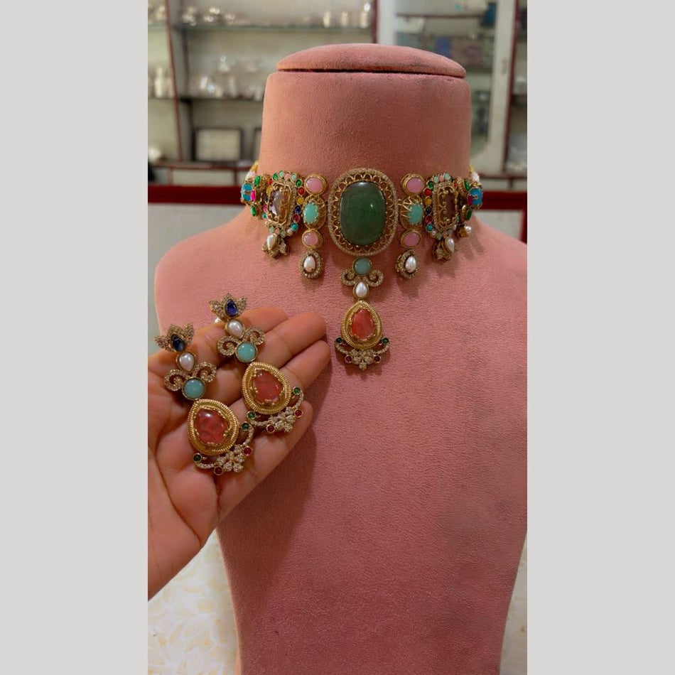 Pota Stone and Austrian Stone Choker in Oxidised Silver | Bridal Jewellery India