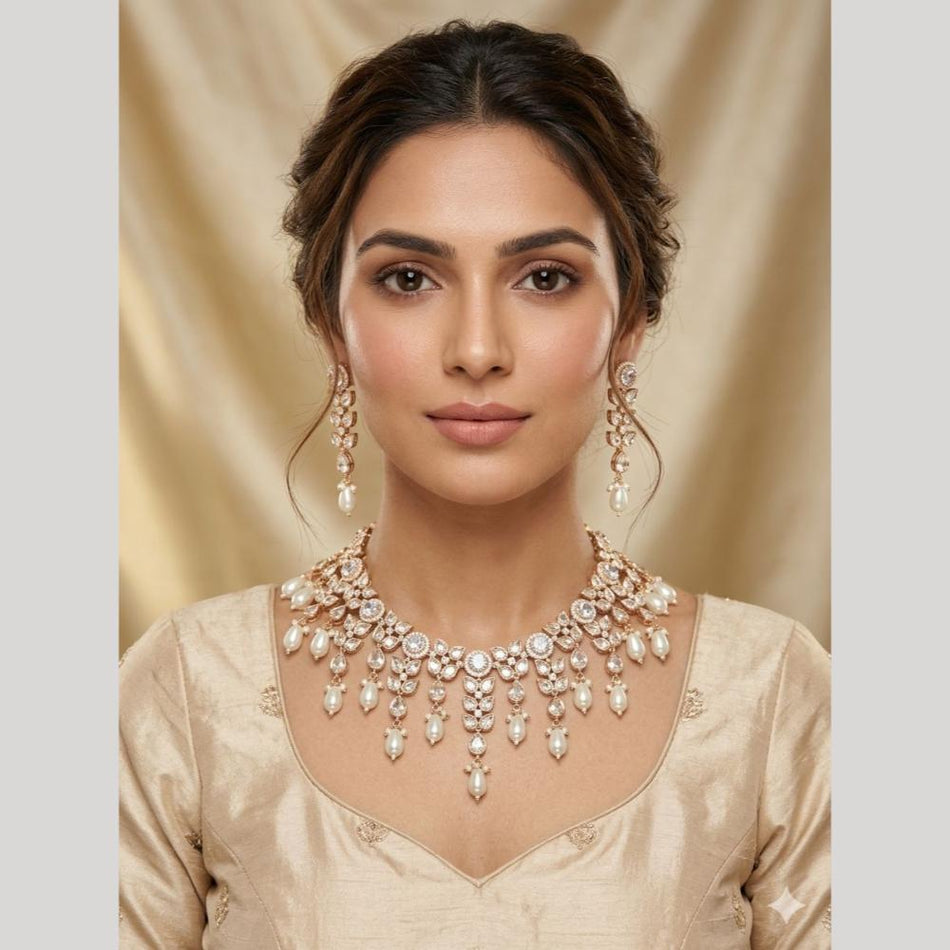 Crystal Stone Necklace in Silver | Bridal Jewellery India