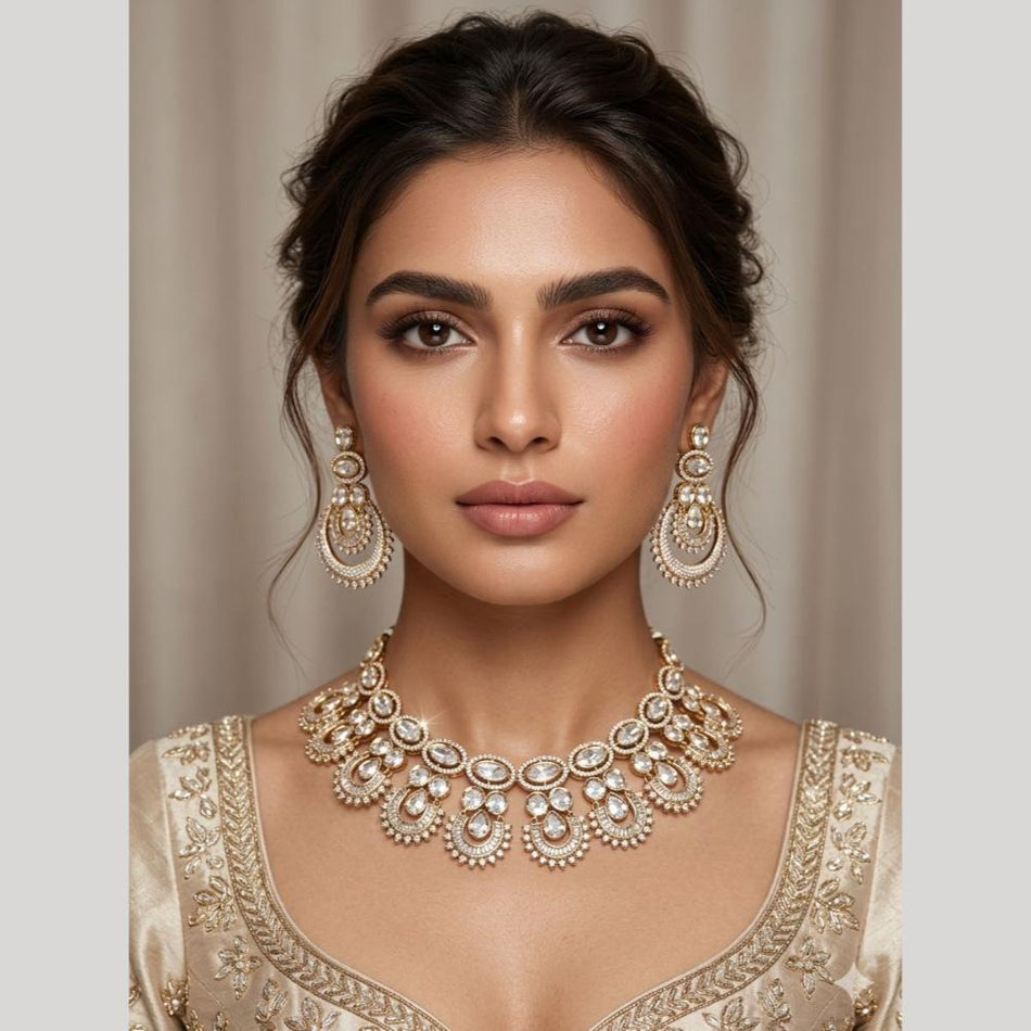 Crystal Stone Necklace in Rose Gold Plated | Bridal Jewellery India