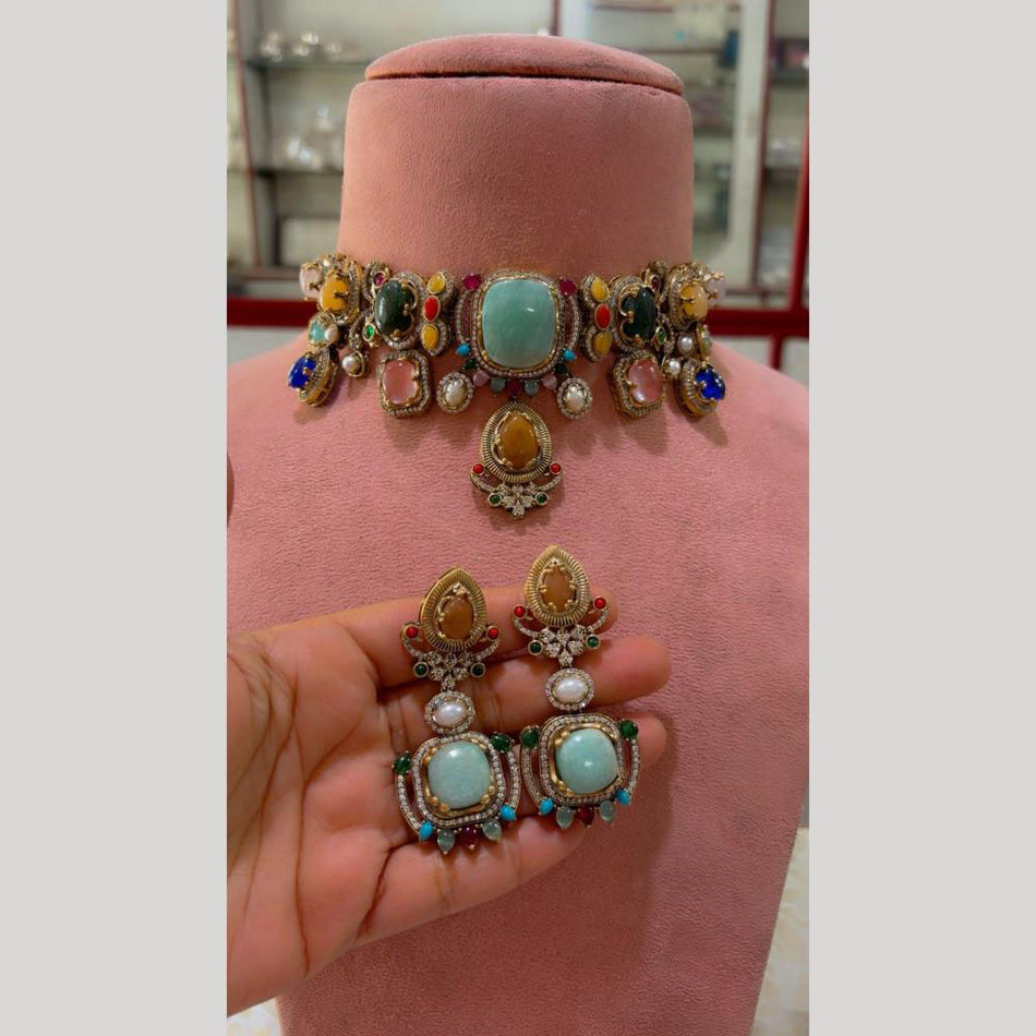 Rose Gold Plated Pota Stone Choker Necklace Set | Bridal Jewellery India