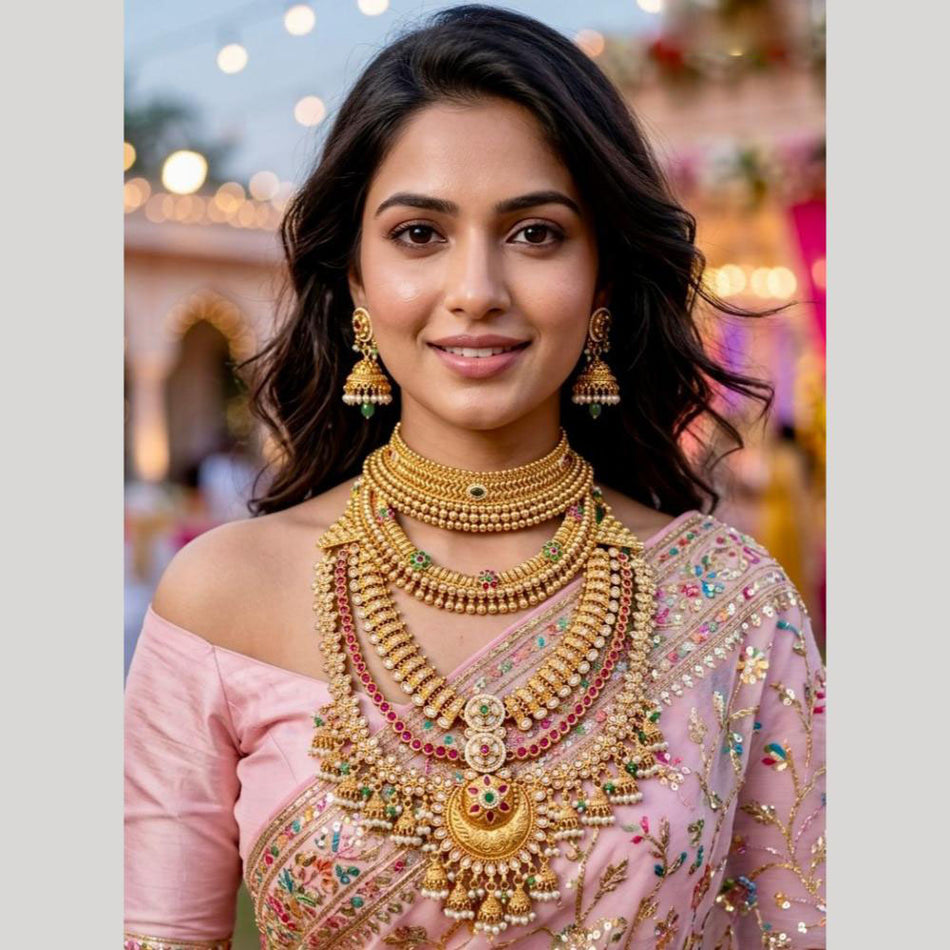 Pota Stone   Pearl Necklace in 14K Gold Plated for Wedding | Bridal Jewellery India