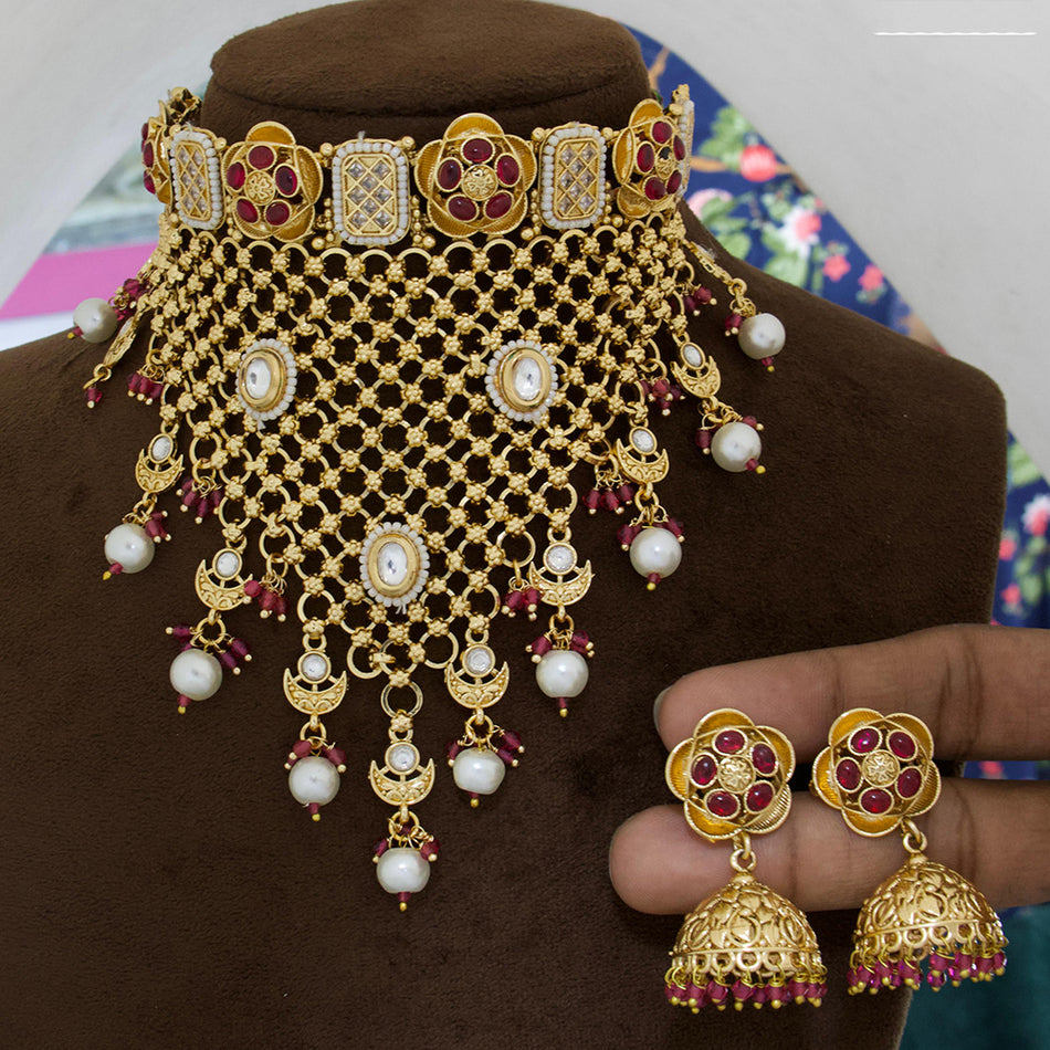 Pota Stone   Pearl Choker in 18K Gold Plated | Bridal Jewellery India
