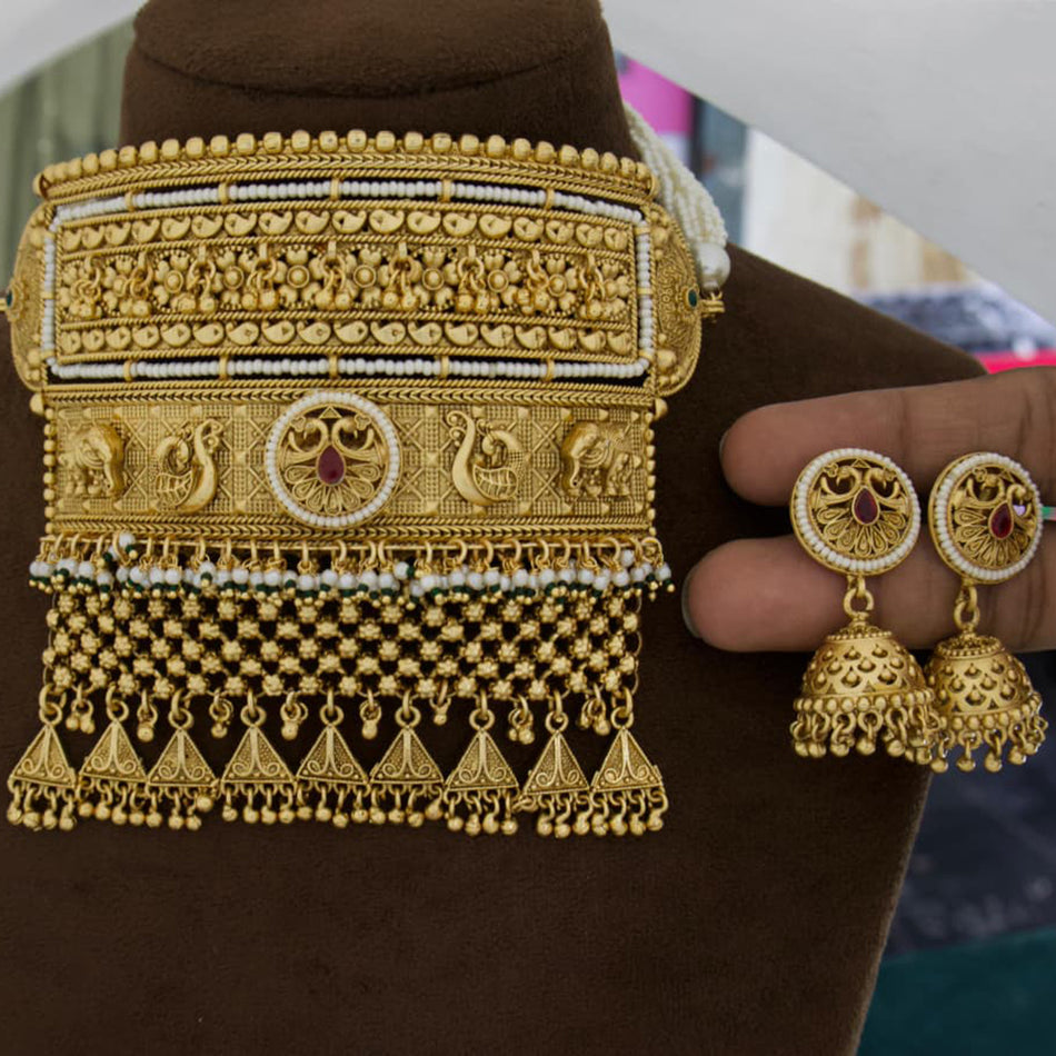 Pota Stone and Pearl Choker in 18K Gold Plated | Bridal Jewellery India