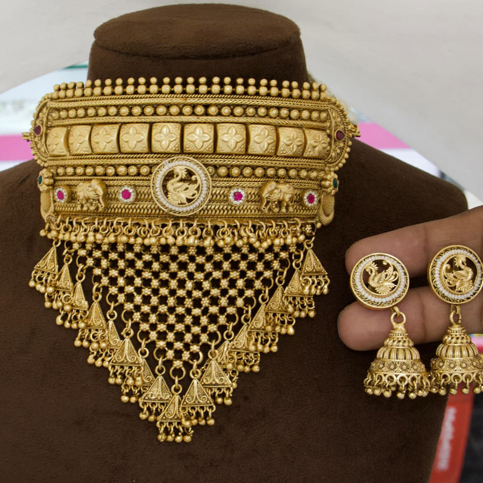 Pota Stone and Pearl Choker in Rose Gold Plated | Bridal Jewellery India