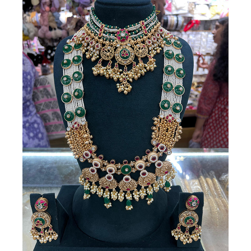 Ethnic Rose Gold Plated Pota Stone   Pearl Necklace | Bridal Jewellery India