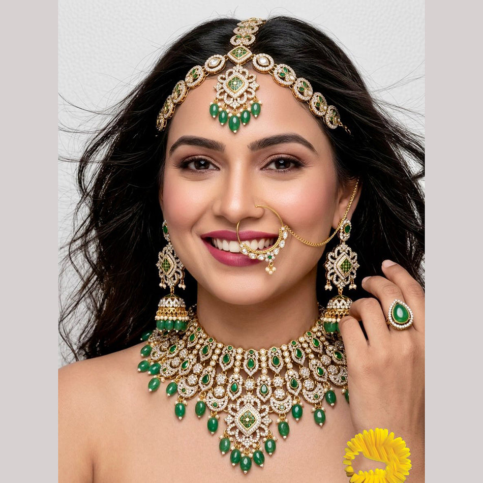 Rose Gold Plated Pota Stone and Pearl Bridal Set | Bridal Jewellery India