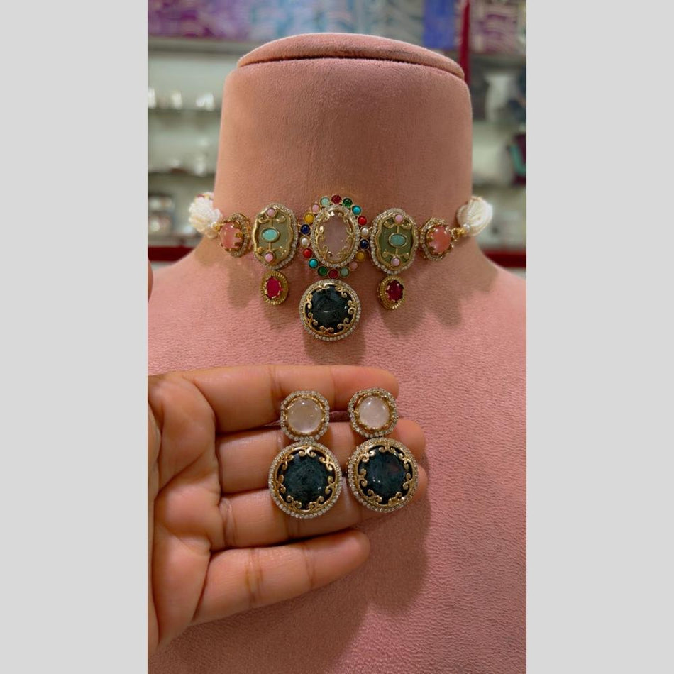 Multi Color Pota Stone Choker in Silver | Bridal Jewellery India
