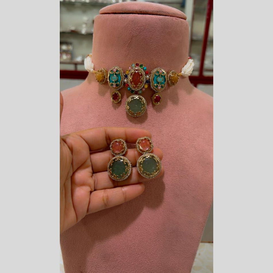 Multi Color Pota Stone Choker in Sterling Silver | Bridal Jewellery India