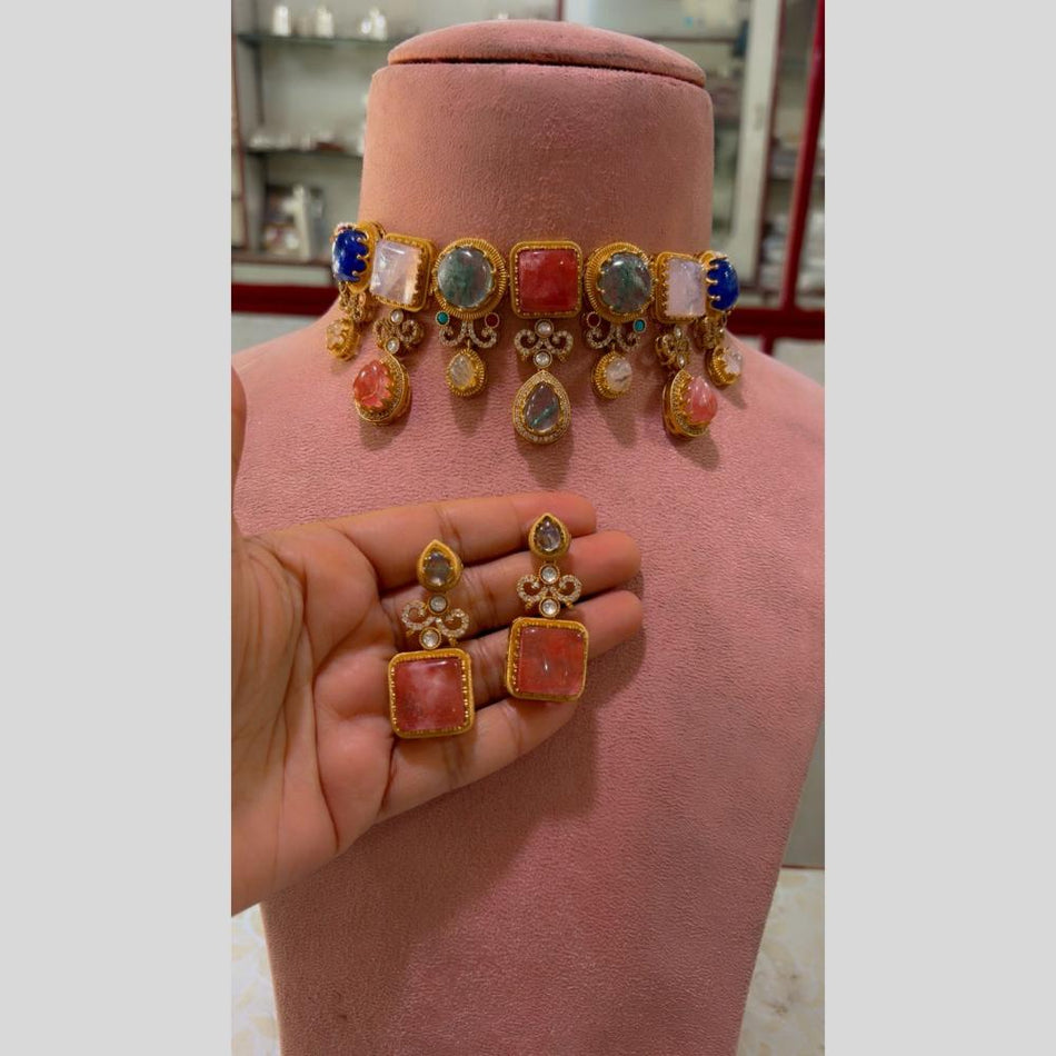 Multi Color Pota Stone Choker in Silver | Bridal Jewellery India