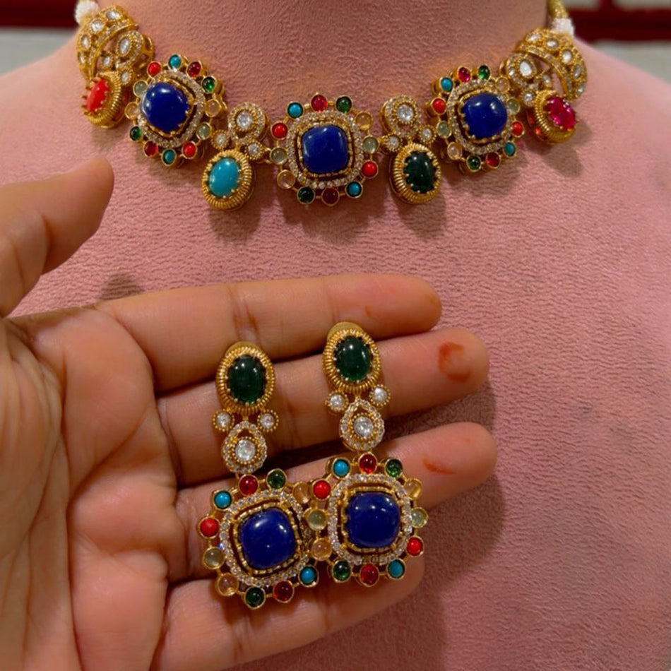 Pota Stone Choker Necklace in Gold Plated with Multicolor | Bridal Jewellery India