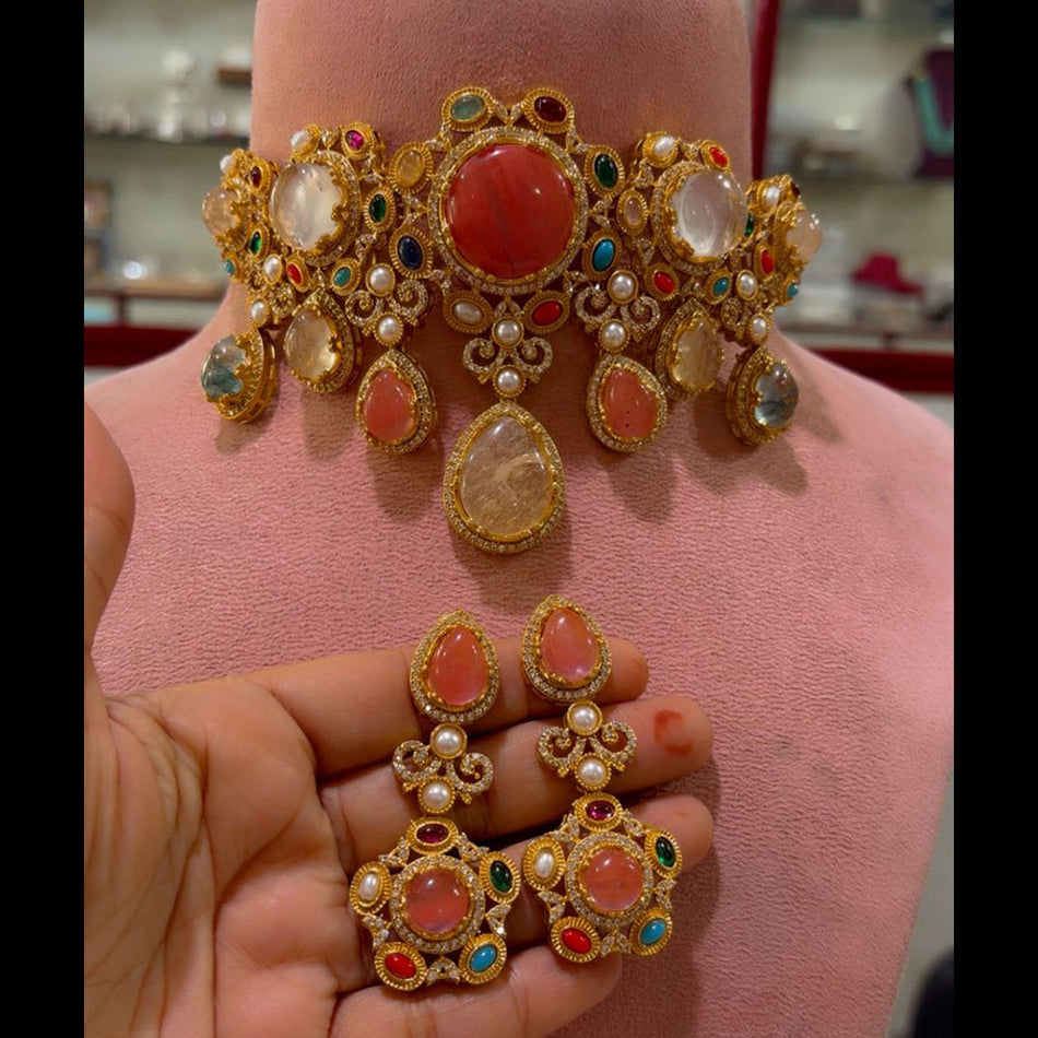 Pota Stone Choker Necklace in Premium Silver | Bridal Jewellery India