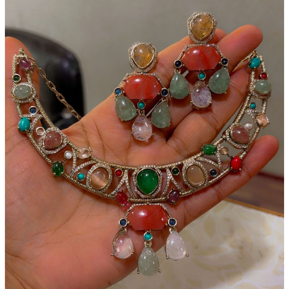 Multi Color Pota Stone Choker in Gold Plated | Bridal Jewellery India