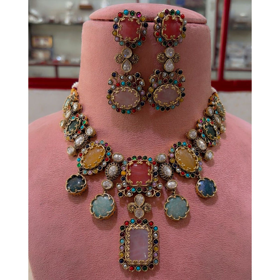 Multi Color Pota Stone Silver Necklace Set | Bridal Jewellery India
