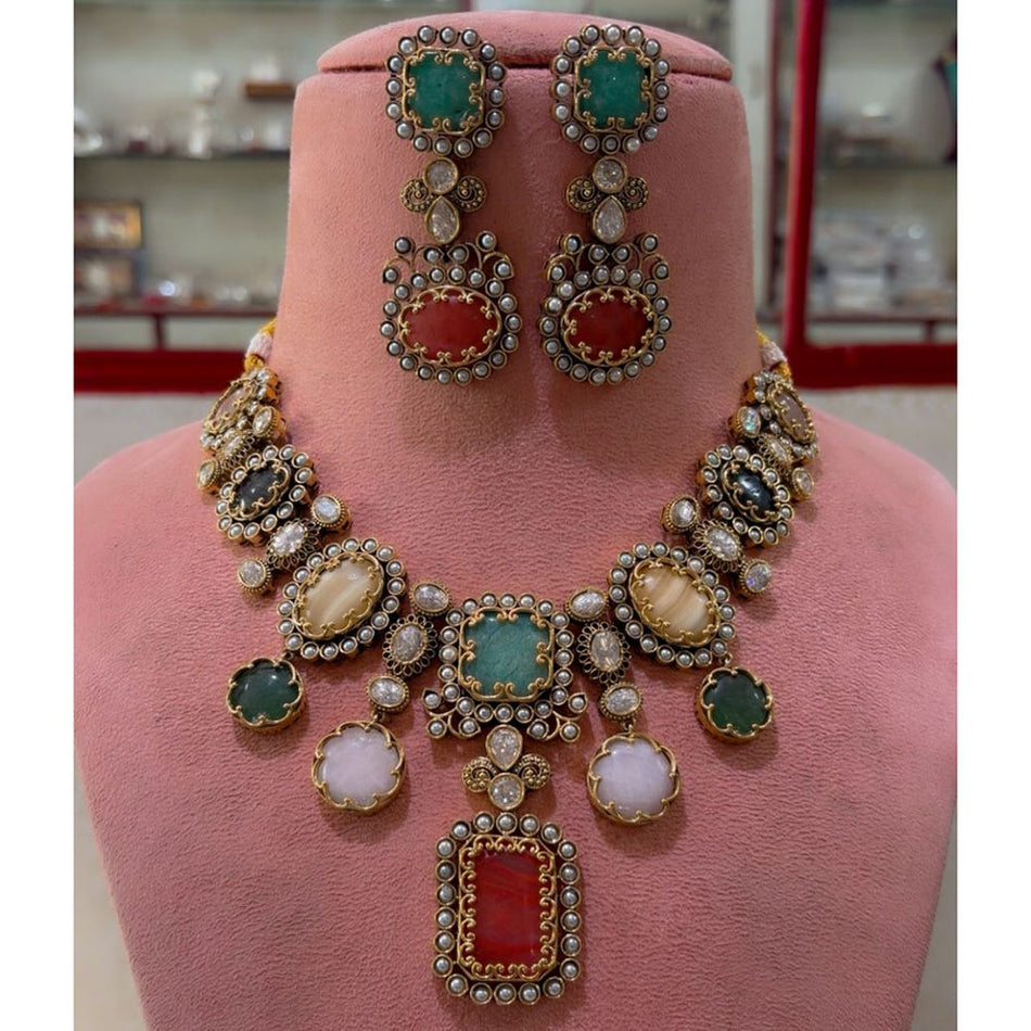 Multi Color Pota Stone Necklace in Gold Plated | Bridal Jewellery India