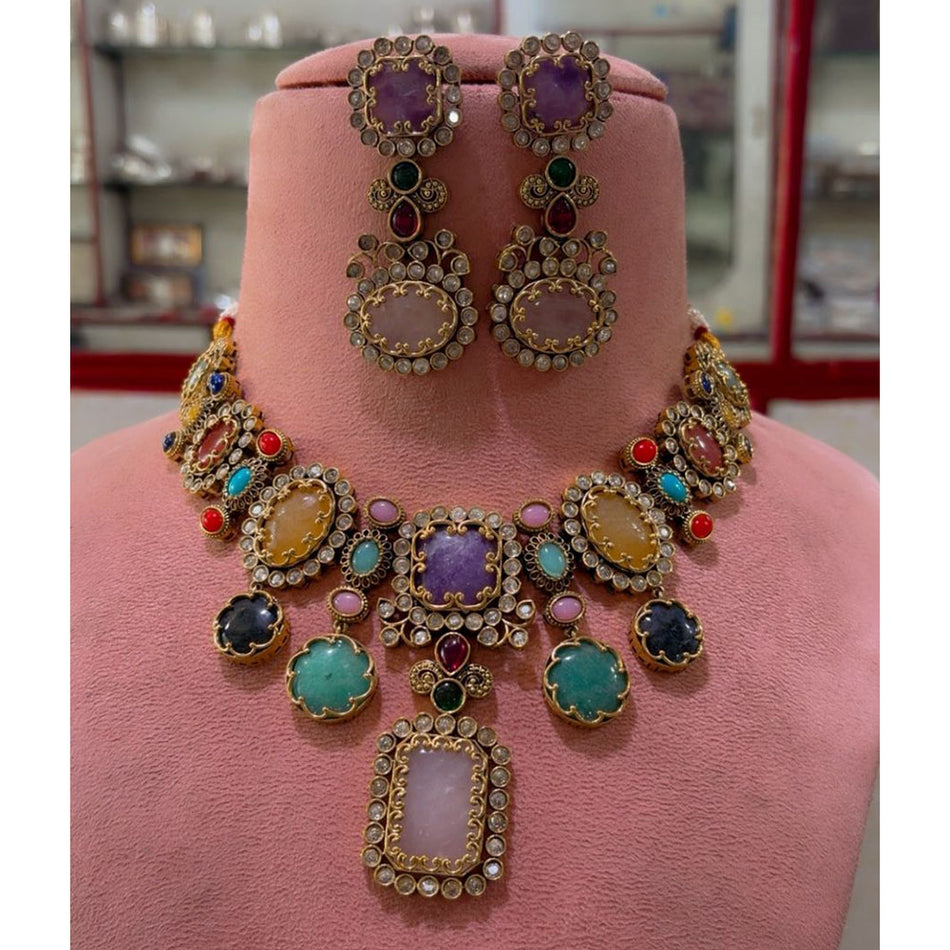 Pota Stone and Austrian Stones Necklace in Gold Tone | Bridal Jewellery India