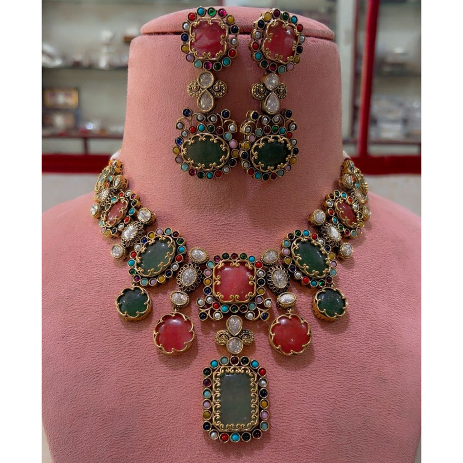 Multi Color Pota Stone Choker in Gold Plated Necklace | Bridal Jewellery India