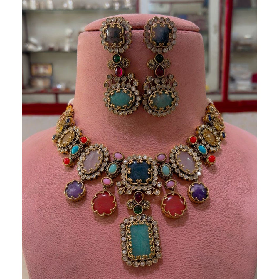 Rose Gold Plated Multi Color Pota Stone Necklace Set | Bridal Jewellery India