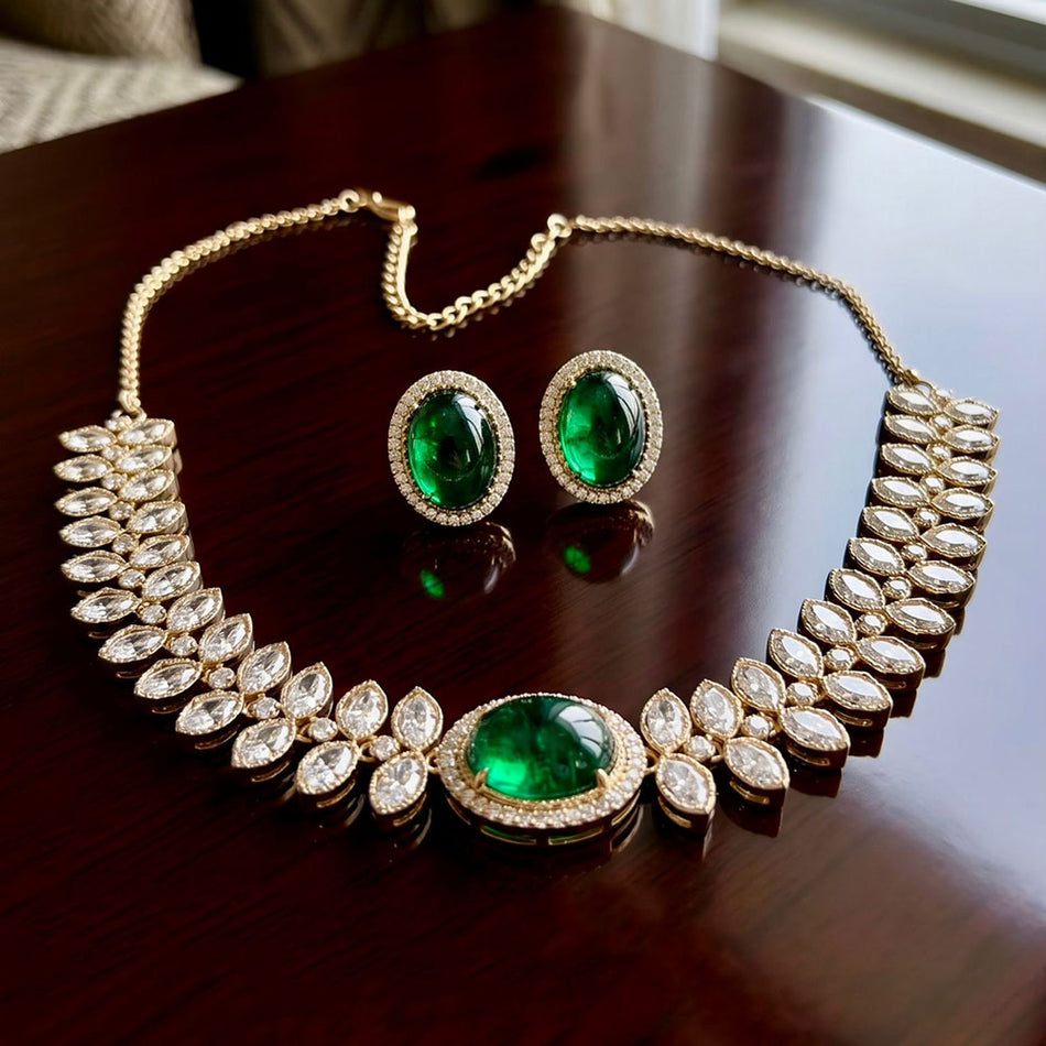 Pota Stone and Austrian Stone Necklace in 18K Gold Plated | Bridal Jewellery India