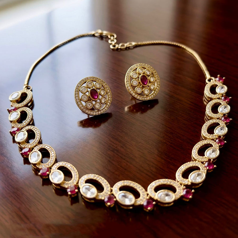 Crystal Stone Necklace in Rose Gold Plated | Bridal Jewellery India
