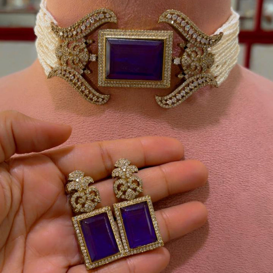 Crystal Stone Choker in Gold Plated with Austrian Stones | Bridal Jewellery India