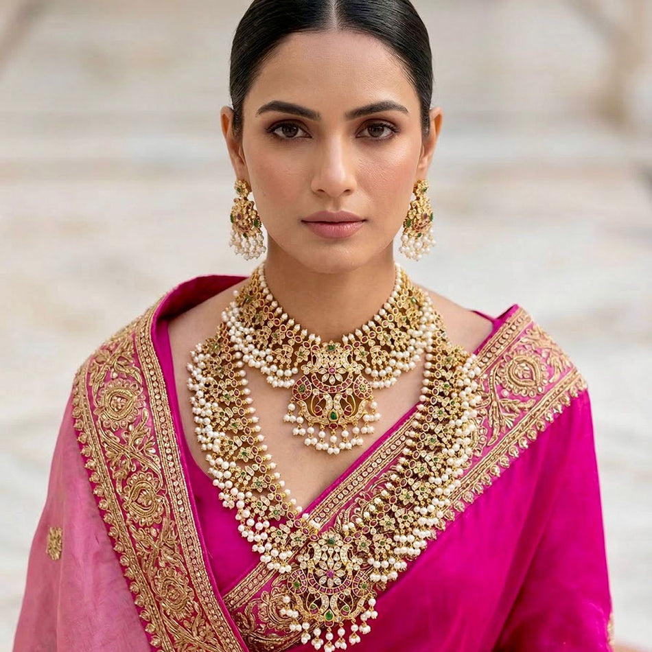 Pota Necklace in Gold Plated with Pearl | Bridal Jewellery India