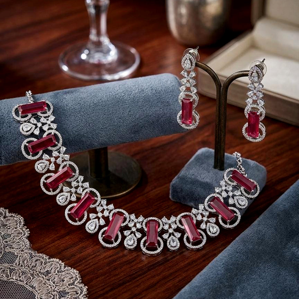 Crystal Stone and Austrian Necklace in Gold Tone | Bridal Jewellery India