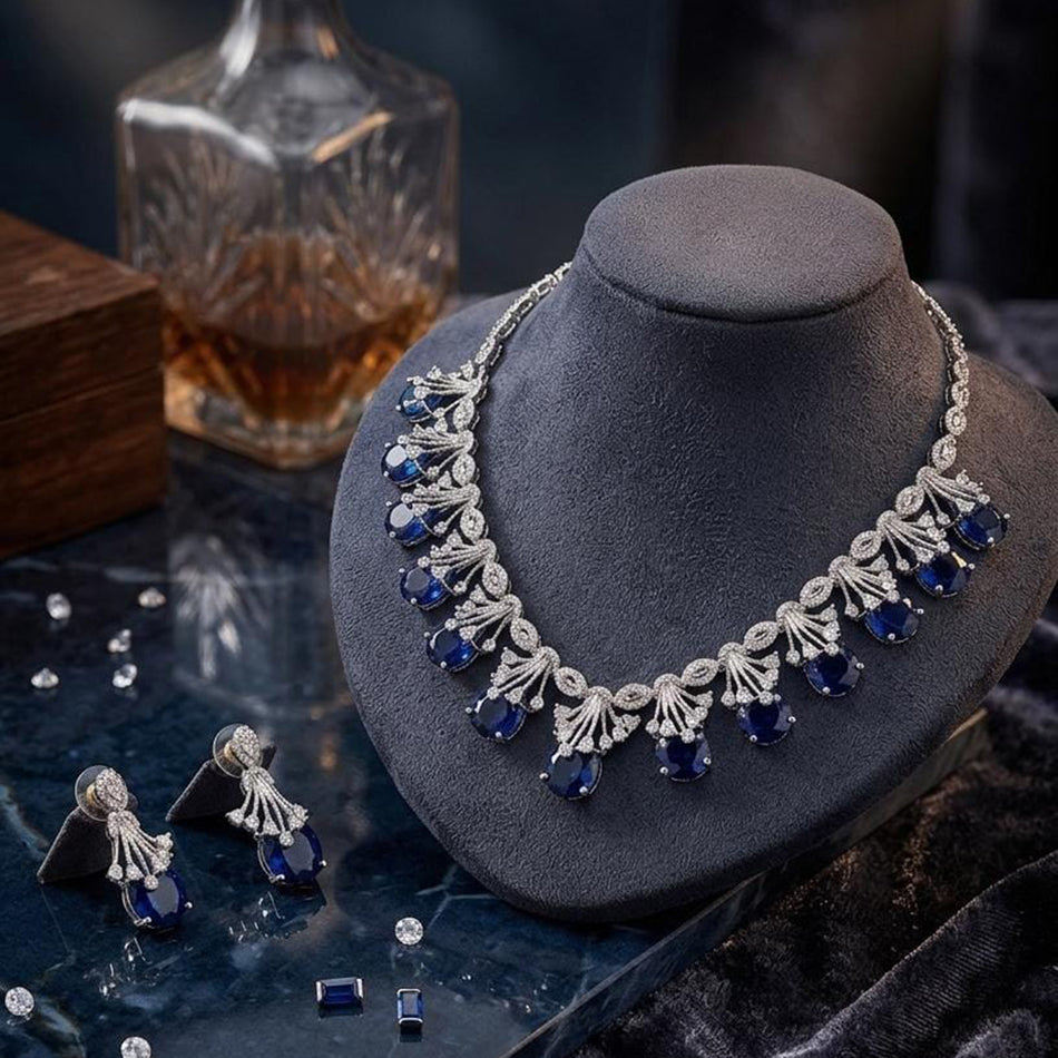 Crystal Stone and Austrian Necklace Set in Sterling Silver | Bridal Jewellery India