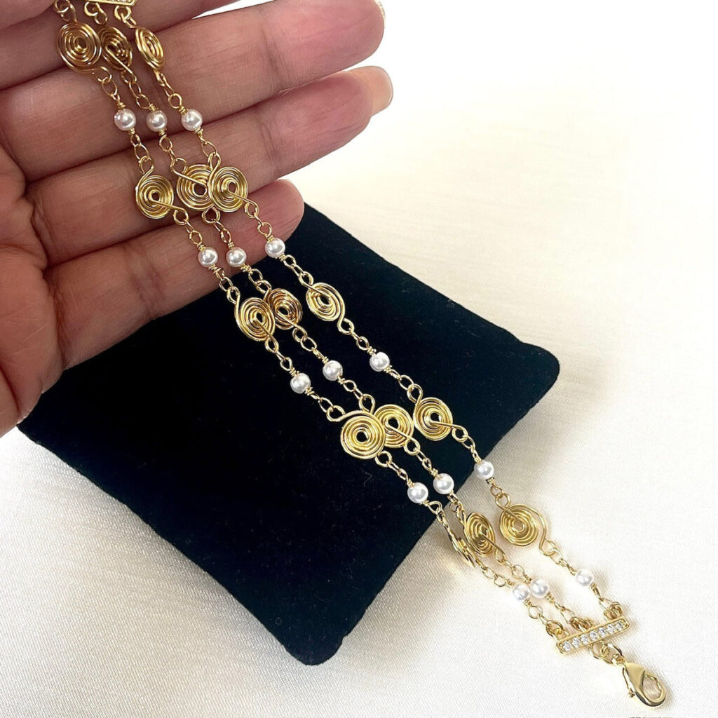 Gold Plated Pearl Long Chain Bracelet | Bridal Jewellery India