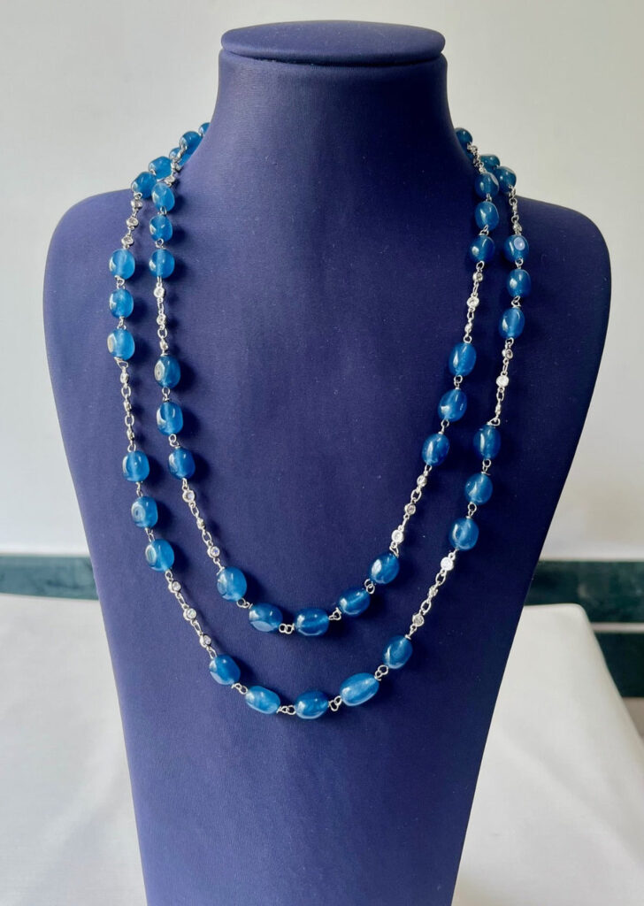 Blue Aventurine CZ Necklace in Rhodium | Bridal Jewellery India