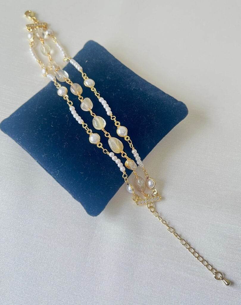 Dainty 3 Line Citrine   Pearls Gold Plated Bracelet | Bridal Jewellery India