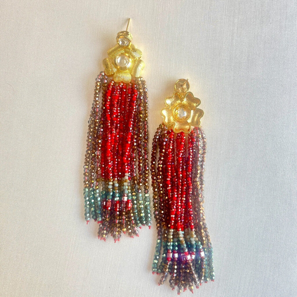 Gold Plated Long Earrings with Kundan   Green Agate | Bridal Jewellery India