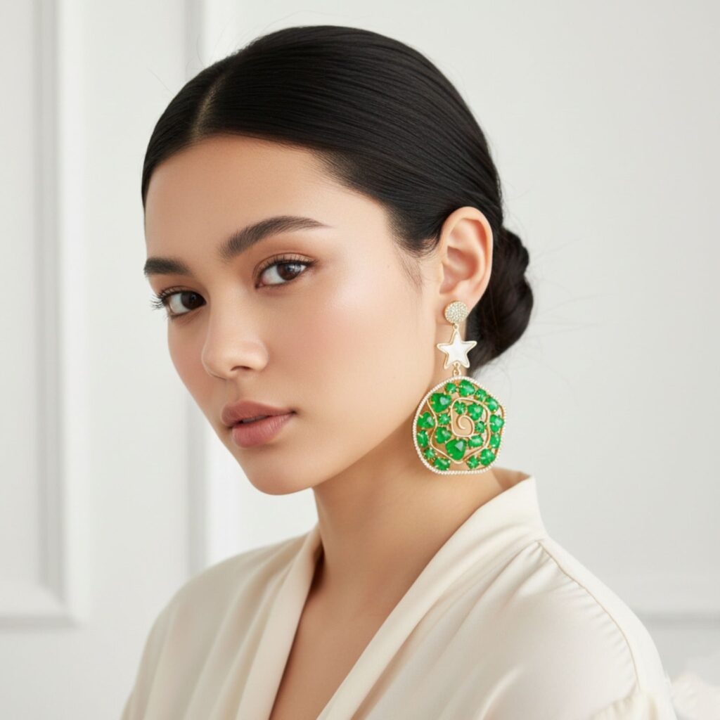 Emerald Doublet   Star CZ in Gold Plated Earrings | Bridal Jewellery India