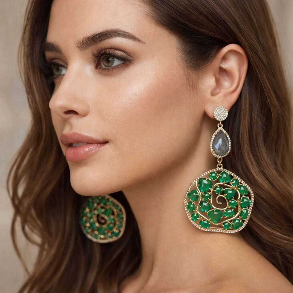 Green Doublet Earrings in Gold Plated with Lab Chandelier | Bridal Jewellery India
