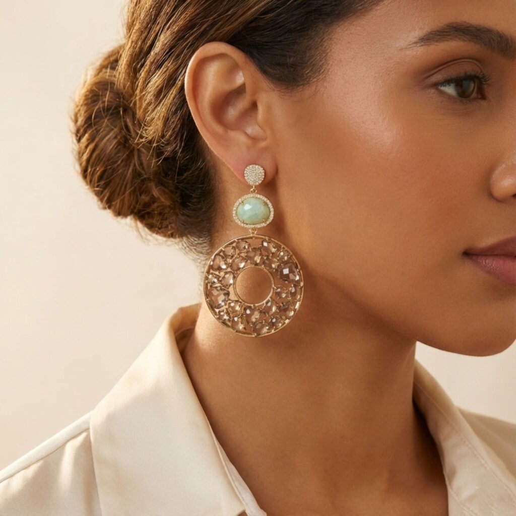 Pear Shaped Labradorite   CZ Gold Plated Chandelier Earrings | Bridal Jewellery India