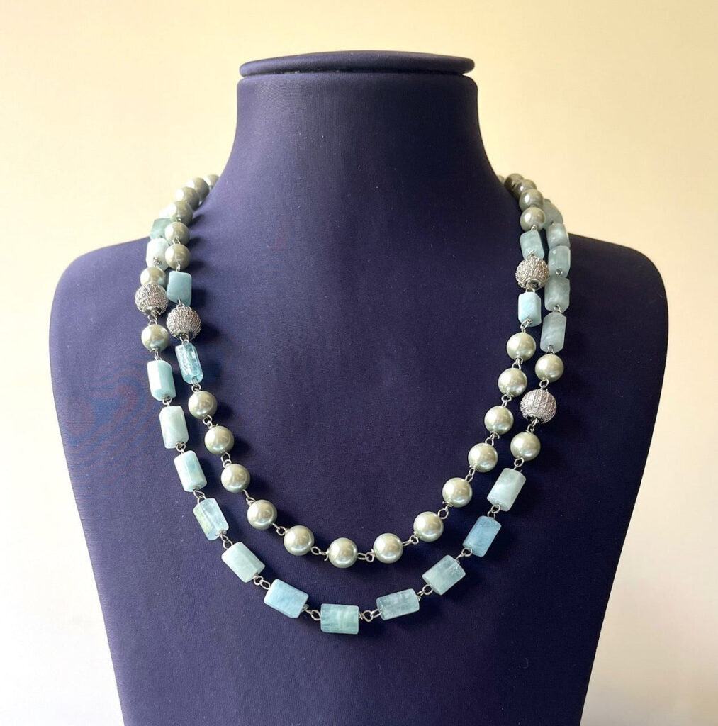 Layered Necklace in Silver with Aqua Agates Diamonds | Bridal Jewellery India