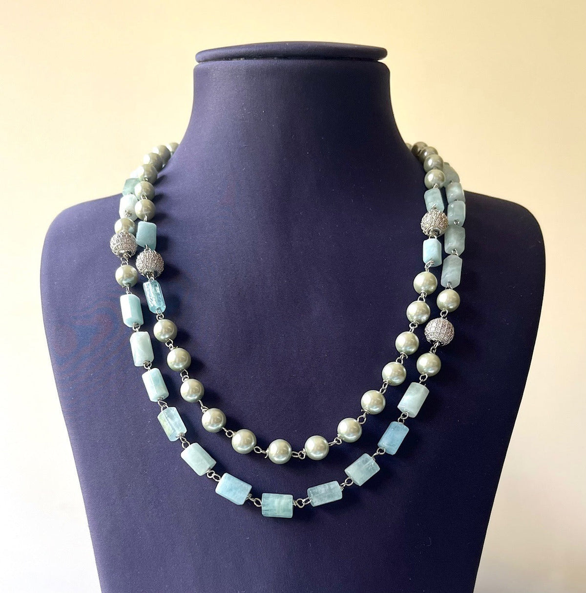 Layered Necklace in Silver with Aqua Agates Diamonds | Bridal Jewellery India