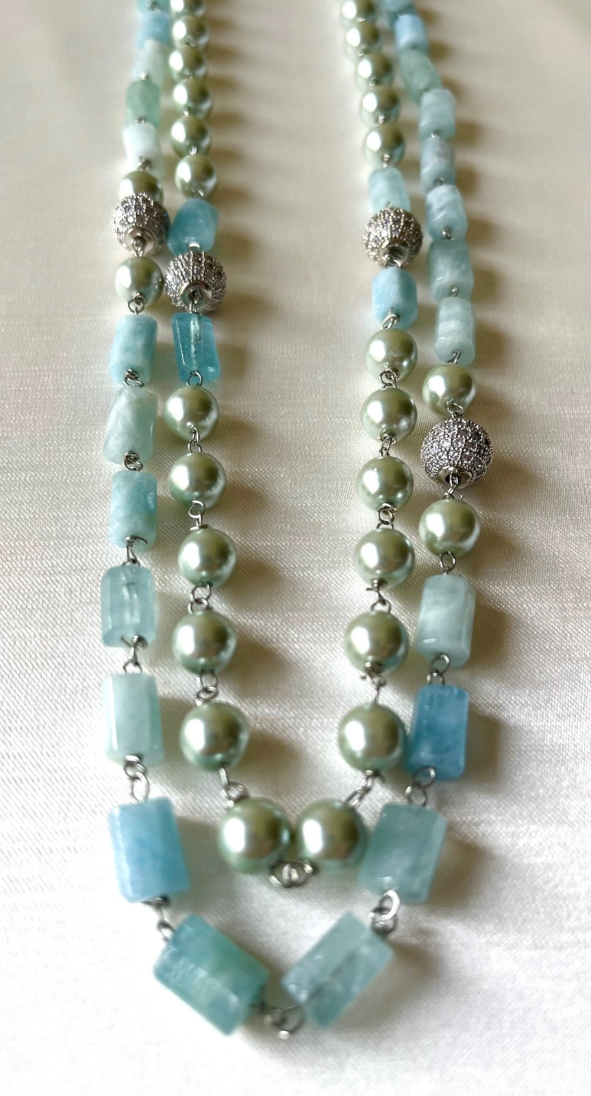 Layered Necklace in Silver with Aqua Agates Diamonds | Bridal Jewellery India