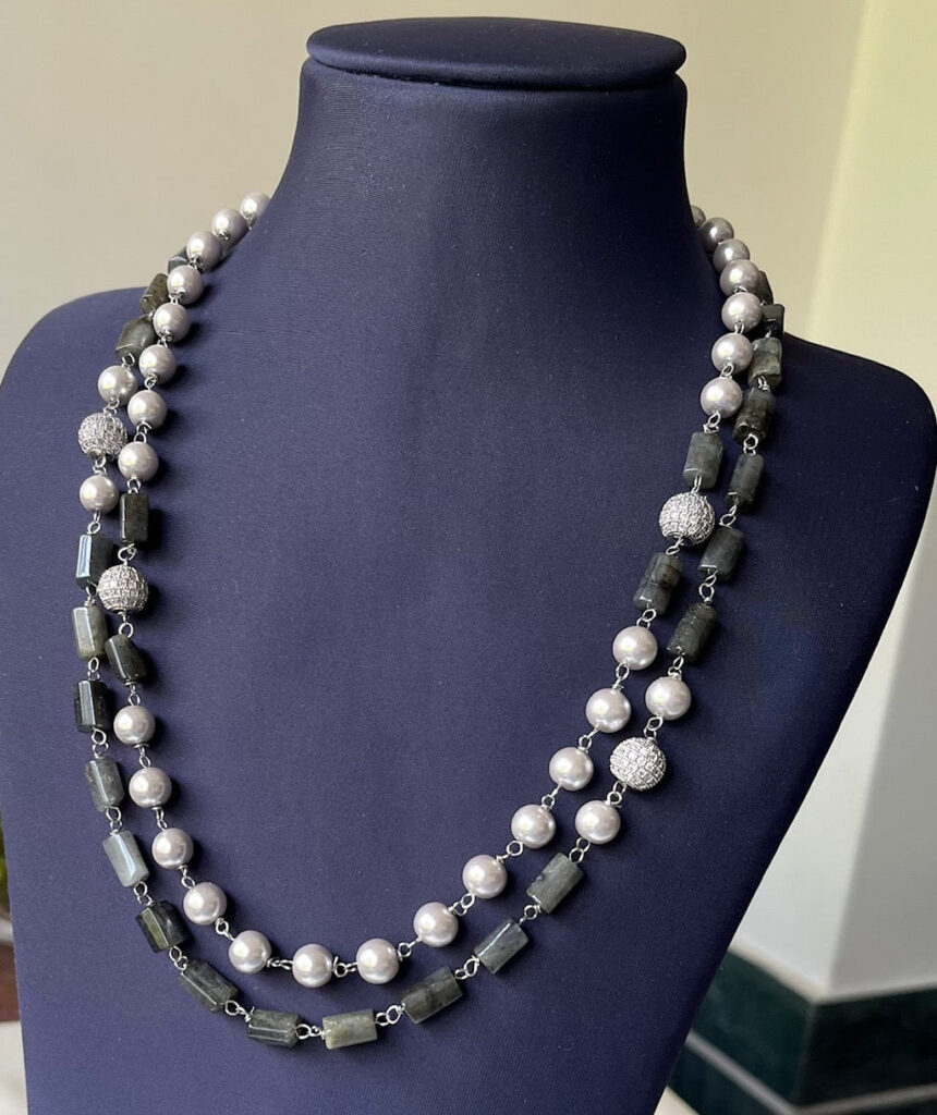 Layered Necklace in Sterling Silver with Black Agate | Bridal Jewellery India