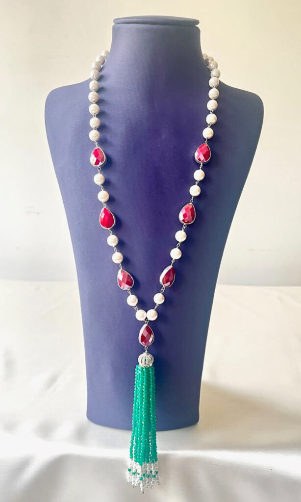 Emerald Tassels Necklace in Gold Plated with Ruby   Pearls | Bridal Jewellery India