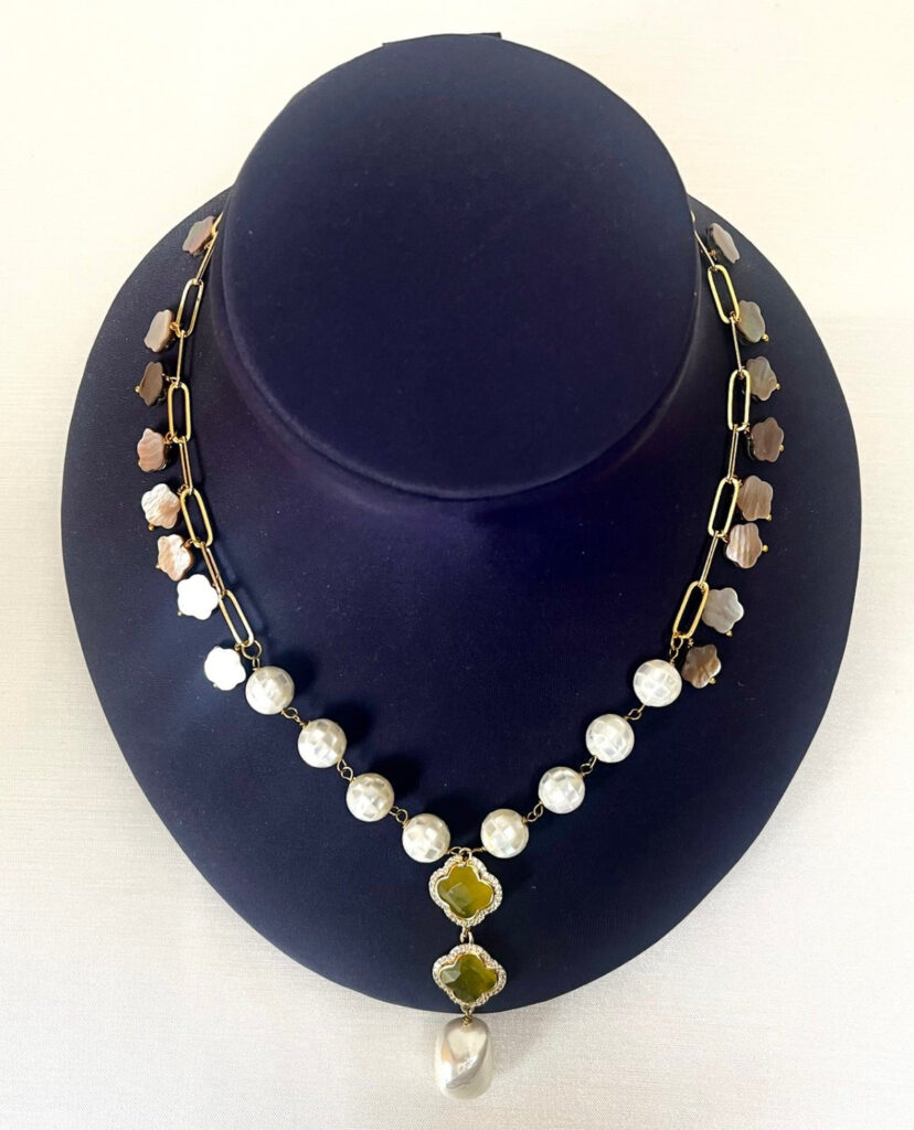 Pearl Necklace in White Gold Plated with Clover Flower | Bridal Jewellery India
