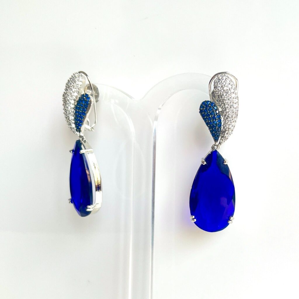 Pear Shaped Blue Sapphire Dangler Earrings in Rhodium Plated | Bridal Jewellery India