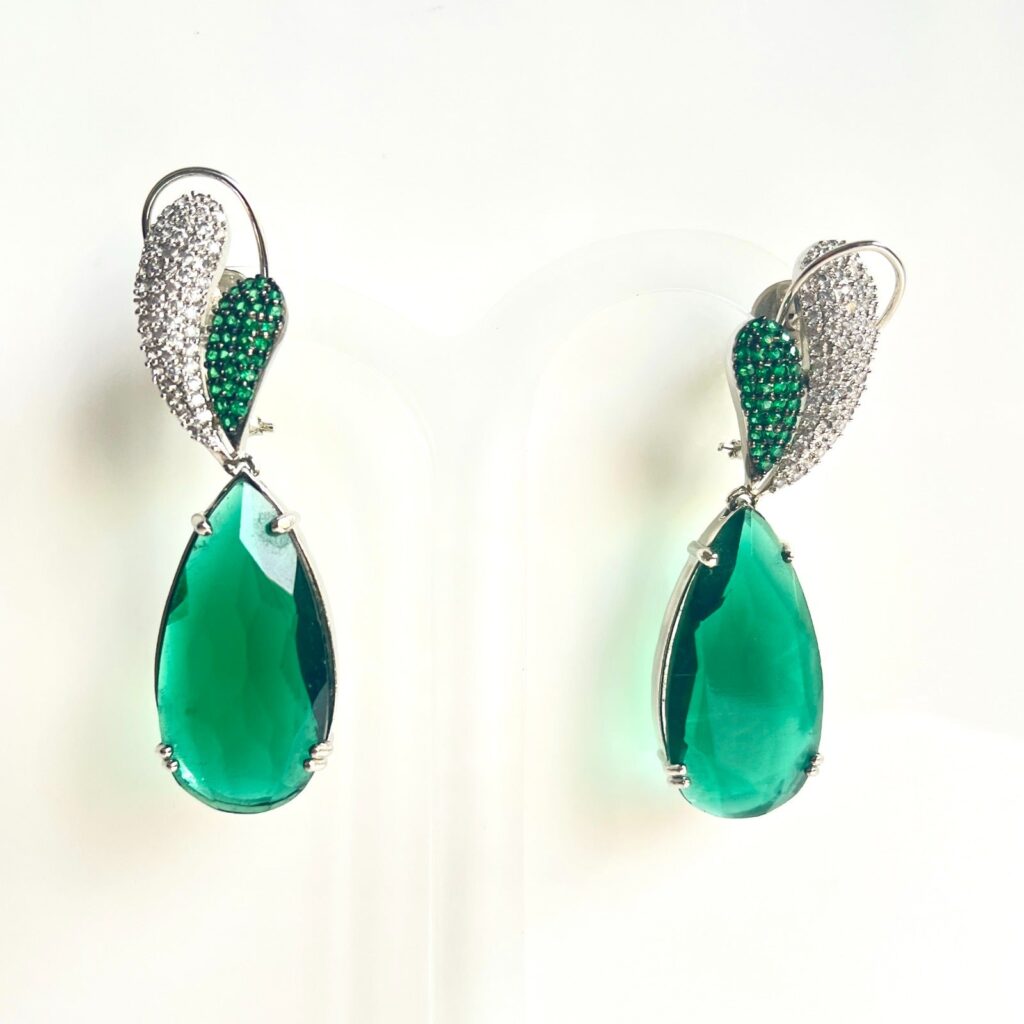 Pear Shaped Earrings in Rhodium Silver with Cubic Zirconia | Bridal Jewellery India