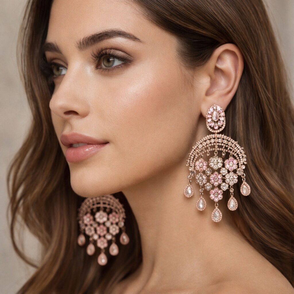 Rose Gold Plated Chandelier Earrings with Rose Quartz | Bridal Jewellery India