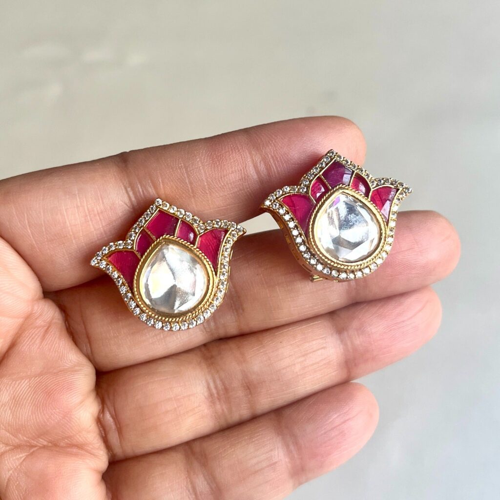 Kundan Stud Earrings in Gold Plated with Big Pear Shaped Stone | Bridal Jewellery India