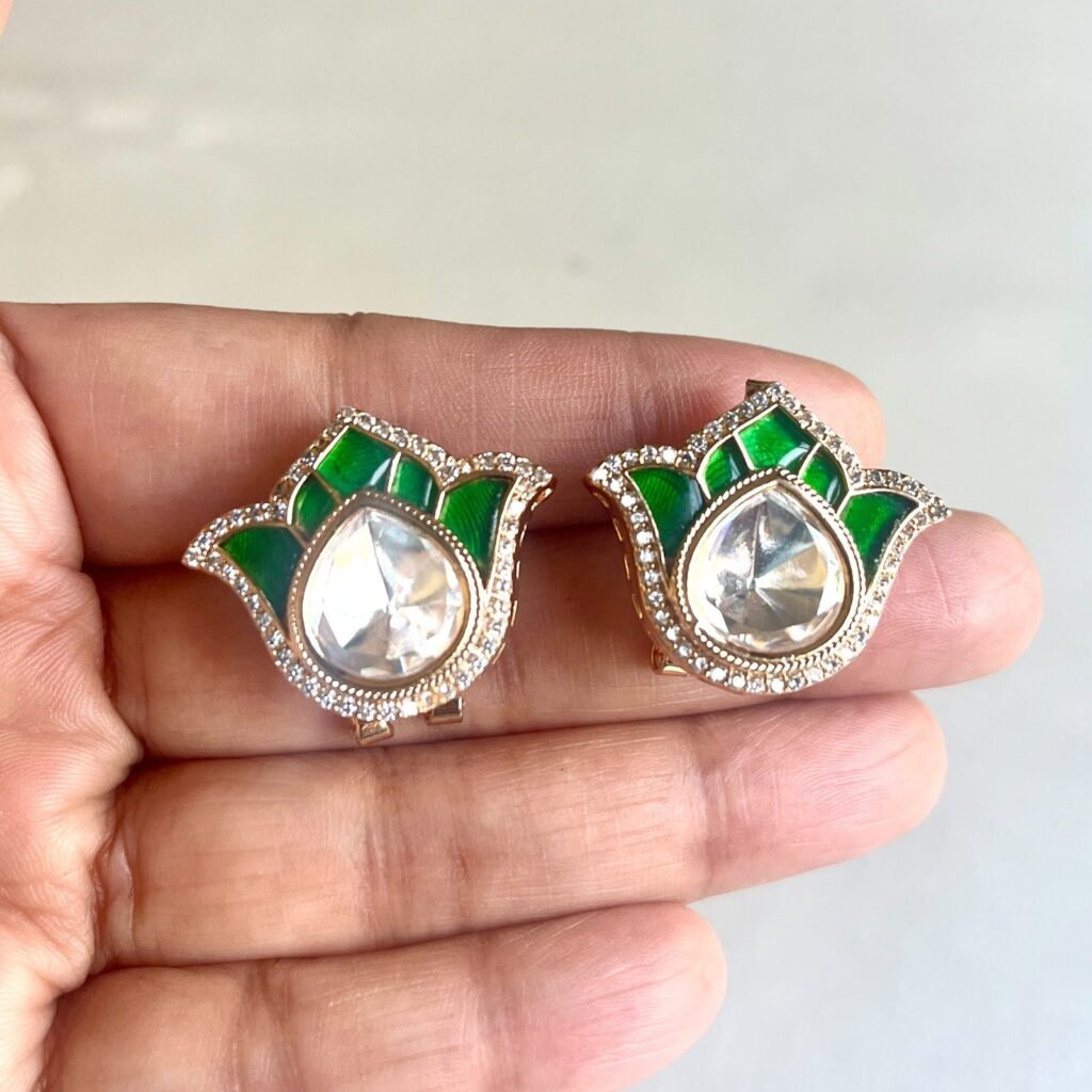 Kundan Stud Earrings in Gold Plated with Green Enamel | Bridal Jewellery India